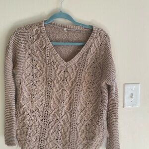 Free People V-Neck Cable Knit Sweater - Brown